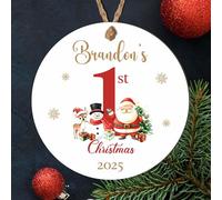 Personalised Baby's 1st Christmas Santa Wood or Acrylic Hanging Bauble Babies First Xmas Custom Name Decoration Children's Keepsake Tree Gift (With snowman & reindeer, MDF Wood - Indoor Use Only)