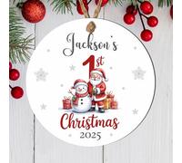 Personalised Baby's 1st Christmas Santa Wood or Acrylic Hanging Bauble Babies First Xmas Custom Name Decoration Children's Keepsake Tree Gift (With snowman, MDF Wood - Indoor Use Only)