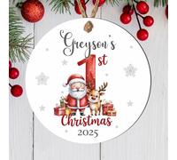 Personalised Baby's 1st Christmas Santa Wood or Acrylic Hanging Bauble Babies First Xmas Custom Name Decoration Children's Keepsake Tree Gift (With reindeer, MDF Wood - Indoor Use Only)