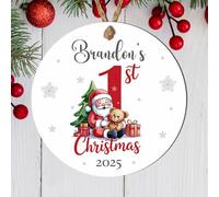 Personalised Baby's 1st Christmas Santa Wood or Acrylic Hanging Bauble Babies First Xmas Custom Name Decoration Children's Keepsake Tree Gift (With teddy, MDF Wood - Indoor Use Only)
