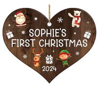 Personalised Baby's First 1st Christmas Bauble Xmas Tree Decorations Custom Name Wooden Heart Hanging Ornaments Keepsake Gifts For Kids, Boy Girl New Born Presents (1st Xmas Heart)