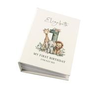 Personalised Baby's First Birthday Photo Album, Animal Illustrations Design, 16.7 x 12.5 cm, 100 6x4 Photo Capacity, Individual Protective Sleeves