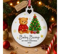 Personalised Babys First Christmas 2025 Wooden Bauble - Add Name & Year - Hand-Finished Keepsake 80×90 mm - Teddy & Tree - Blue, Pink, Red - Boy, Girl or Gender-Neutral Gift (Red Teddy Bauble)