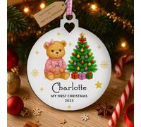 Personalised Babys First Christmas 2025 Wooden Bauble - Add Name & Year - Hand-Finished Keepsake 80×90 mm - Teddy & Tree - Blue, Pink, Red - Boy, Girl or Gender-Neutral Gift (Pink Teddy Bauble)