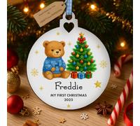 Personalised Babys First Christmas 2025 Wooden Bauble - Add Name & Year - Hand-Finished Keepsake 80×90 mm - Teddy & Tree - Blue, Pink, Red - Boy, Girl or Gender-Neutral Gift (Blue Teddy Bauble)
