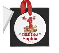 Personalised Baby's First Christmas Bauble with Gift Box for Boy or Girl - Woodland Animal Design - Custom Name & Year - Ceramic Tree Ornament Decoration Keepsake for My 1st Xmas (Red)