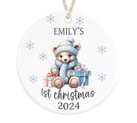Personalised Baby's First Christmas Ceramic Ornament Bauble Gift Christmas Tree Decorations Custom Keepsake 1st Xmas for Girls Boys New Baby (Teddy bear Blue)
