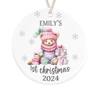 Personalised Baby's First Christmas Ceramic Ornament Bauble Gift Christmas Tree Decorations Custom Keepsake 1st Xmas for Girls Boys New Baby (Teddy bear Pink)