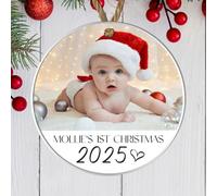 Personalised Baby's First Christmas Photo Ornament - Custom Own Text Option With Photo Hanging Plaque Ideal as a 1st Christmas Keepsake for New Parents and Families (Acrylic - Indoor & Outdoor Use)