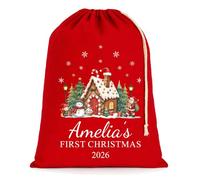 Personalised Baby's First Christmas Sack, Festive House, 45x30cm | Santa sack with custom name, My 1st Xmas keepsake gift for boys or girls, red cotton, Medium 45 x 30 cm, 8 litres