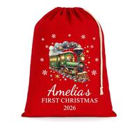 Personalised Baby's First Christmas Sack, Festive Train, 45x30cm | Santa sack with custom name, My 1st Xmas keepsake gift for boys or girls, red cotton, Medium 45 x 30 cm, 8 litres