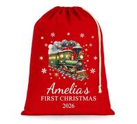 Personalised Baby's First Christmas Sack, Festive Train, Extra Large | Santa sack with custom name, My 1st Xmas keepsake gift for boys or girls, red cotton, 75 x 49 cm, 38 litres