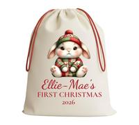 Personalised Baby's First Christmas Santa Sack with Name, Cute Animal in Patchwork Jumper, Cream Keepsake Present Bag, Bunny, Large 50 x 40 cm