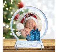 Personalised Baby's First Christmas Snow Globe - Custom Photo Keepsake with Baby's Name - Unique New Parent's Gift and Christmas Decoration (Blue Design)