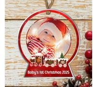 Personalised Baby's First Christmas Snowglobe Shape 2D Hanging Bauble- Custom Photo & Text Plaque in Blue, Grey, Pink or Red - Festive 1st Xmas Keepsake for New Parent (Red)