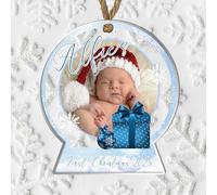 Personalised Baby's First Christmas Snowglobe Shape 2D Hanging Bauble- Custom Photo & Text Plaque in Blue, Grey, Pink or Red - Festive 1st Xmas Keepsake for New Parent (Blue)