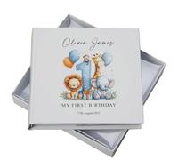 Personalised Baby's First Year Photo Album In Gift Box With Safari Theme, Customisable Memory Book with Gift Box, Keepsake for Birth to 12 Months Milestones (Blue)