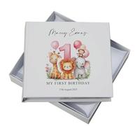 Personalised Baby's First Year Photo Album In Gift Box With Safari Theme, Customisable Memory Book with Gift Box, Keepsake for Birth to 12 Months Milestones (Pink)