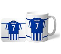 Personalised 'Back of Shirt' 11oz Mug & Coaster Set for Brighton Supporters, with Club Colours, Ideal for Brighton Fans