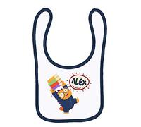 Personalised Back to School Inspired Baby Dinosaur Kid Any Name Birthday Present idea Baby Toddler Bib Fastening Style Unisex Style Funny Gift Baby Shower idea. (White Navy)