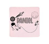 Personalised Back to School Inspired Space boy Kid Any Name Astronaut Galaxy Moon Birthday Christmas Present Gift idea Pink/Blue Coloured Double Layer Cotton Baby Blanket. (Pink)