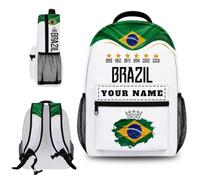 Personalised Backpack Brazil 2026 Football Custom Name National Team Design School Rucksack for Kids Teens Youth Back to School Travel Daypack Football Fan Gift for Casual Daily Use
