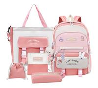 Personalised Backpack Five-Piece Set,Kawaii School Bags,Casual and Cute Daily Back Pack,Lightweight and Breathable Suitable for Children of Different Ages,Meets The Daily Needs of Children (Pink)
