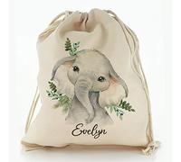 Personalised Bag, Birthday Gift Bag Customised with Initial/Name/Text, Elephant Blue Berry Design, Storage Bag, Drawstring Top Sack, Sizes: XXS, XS, S, M, L, XL