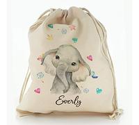 Personalised Bag, Birthday Gift Bag Customised with Initial/Name/Text, Elephant Hearts Design, Storage Bag, Drawstring Top Sack, Sizes: XXS, XS, S, M, L, XL