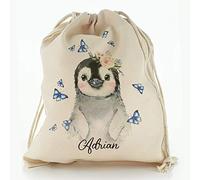 Personalised Bag, Birthday Gift Bag Customised with Initial/Name/Text, Penguin Butterfly Design, Storage Bag, Drawstring Top Sack, Sizes: XXS, XS, S, M, L, XL