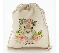 Personalised Bag, Birthday Gift Bag Customised with Initial/Name/Text, Reindeer Pink Flower Design, Storage Bag, Drawstring Top Sack, Sizes: XXS, XS, S, M, L, XL