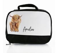 Personalised Bag, Black and White Insulated Lunch Bag Customised with Name, Mother and Baby Highland Cow and Calf Design Print, Dinner Bag For School Hot / Cold Food, Size: (18cm x 25cm x 8cm)