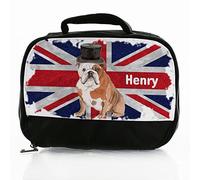 Personalised Bag, Black and White Insulated Lunch Bag Customised with Name / Text, United Kingdom Flag, British Bulldog Design, Dinner Bag For School Hot and Cold Food, Size: (18cm x 25cm x 8cm)
