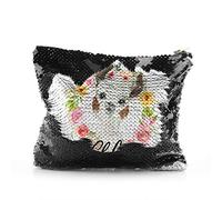 Personalised Bag, Black, Gold, Red, Silver Sequin Bag Customised with Initial/Name/Text, Alpaca Flowers Design, Zip Storage Bag, Makeup Bag, Pencil Case, Size: (16.5cm x 20.5cm)