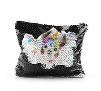 Personalised Bag, Black, Gold, Red, Silver Sequin Bag Customised with Initial/Name/Text, Alpaca Unicorn Design, Zip Storage Bag, Makeup Bag, Pencil Case, Size: (16.5cm x 20.5cm)