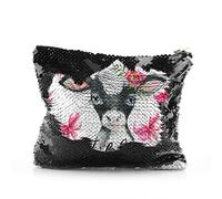 Personalised Bag, Black, Gold, Red, Silver Sequin Bag Customised with Initial/Name/Text, Cow Pink Bows Design, Zip Storage Bag, Makeup Bag, Pencil Case, Size: (16.5cm x 20.5cm)