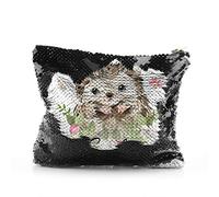 Personalised Bag, Black, Gold, Red, Silver Sequin Bag Customised with Initial/Name/Text, Hedgehog Flowers Design, Zip Storage Bag, Makeup Bag, Pencil Case, Size: (16.5cm x 20.5cm)