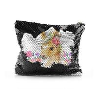 Personalised Bag, Black, Gold, Red, Silver Sequin Bag Customised with Initial/Name/Text, Horse Flowers Design, Zip Storage Bag, Makeup Bag, Pencil Case, Size: (16.5cm x 20.5cm)