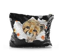 Personalised Bag, Black, Gold, Red, Silver Sequin Bag Customised with Initial/Name/Text, Leopard Red Flowers Design, Zip Storage Bag, Makeup Bag, Pencil Case, Size: (16.5cm x 20.5cm)