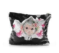 Personalised Bag, Black, Gold, Red, Silver Sequin Bag Customised with Initial/Name/Text, Monkey Pink Bows Design, Zip Storage Bag, Makeup Bag, Pencil Case, Size: (16.5cm x 20.5cm)