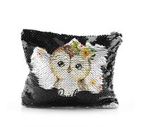 Personalised Bag, Black, Gold, Red, Silver Sequin Bag Customised with Initial/Name/Text, Owl Yellow Flowers Design, Zip Storage Bag, Makeup Bag, Pencil Case, Size: (16.5cm x 20.5cm)
