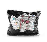 Personalised Bag, Black, Gold, Red, Silver Sequin Bag Customised with Initial/Name/Text, Rabbit with Cat Ears Design, Zip Storage Bag, Makeup Bag, Pencil Case, Size: (16.5cm x 20.5cm)