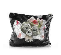 Personalised Bag, Black, Gold, Red, Silver Sequin Bag Customised with Initial/Name/Text, Raccoon Pink Flowers Design, Zip Storage Bag, Makeup Bag, Pencil Case, Size: (16.5cm x 20.5cm)
