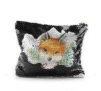 Personalised Bag, Black, Gold, Red, Silver Sequin Bag Customised with Initial/Name/Text, Red Fox Blue Berries Design, Zip Storage Bag, Makeup Bag, Pencil Case, Size: (16.5cm x 20.5cm)