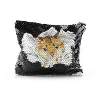 Personalised Bag, Black, Gold, Red, Silver Sequin Bag Customised with Initial/Name/Text, Spot Cat and Leaves Design, Zip Storage Bag, Makeup Bag, Pencil Case, Size: (16.5cm x 20.5cm)