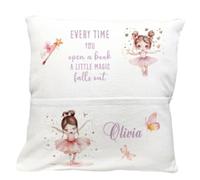 Personalised Ballerina theme Kids Reading Pillow, White soft Nursery Pocket 40x40cm Cushion, Mushroom dancing girl Design, Book Pocket pillow, Birthday gift