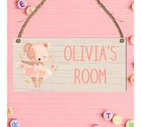 Personalised Ballet Bear Or Ballet Mouse Hanging Rectangle Plaque with Custom Wording MDF Wooden Room Plaque for Children's Birthday New Home Keepsake Door Sign (Bear)