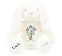 Personalised Baptism Bunny with Name - Blue Flower Cross On your Baptism Day Soft Toy for Baby, Child, Kids, Babies Christening Church Spring Time - Blue Letter White Bunny
