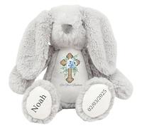 Personalised Baptism Bunny with Name - Blue Flower Cross On your Baptism Day Soft Toy for Baby, Child, Kids, Babies Christening Church Spring Time - Blue Letter Grey Bunny