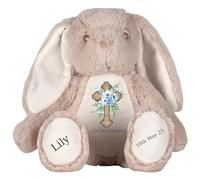 Personalised Baptism Bunny with Name - Blue Flower Cross On your Baptism Day Soft Toy for Baby, Child, Kids, Babies Christening Church Spring Time - Blue Letter Brown Bunny